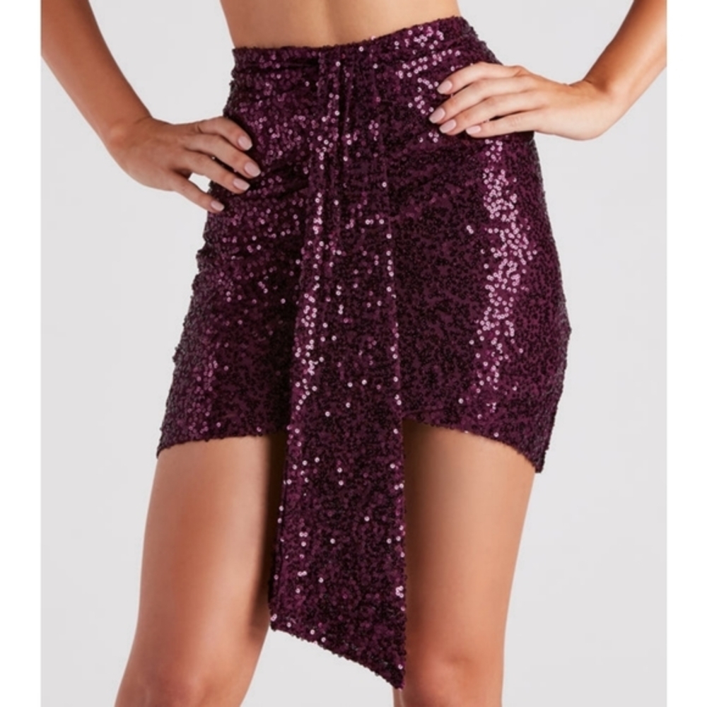 Windsor ✦ Purple Sequin Draped Mini Skirt ✦ High-Rise Pleated Side Detail M NWT - Picture 8 of 10